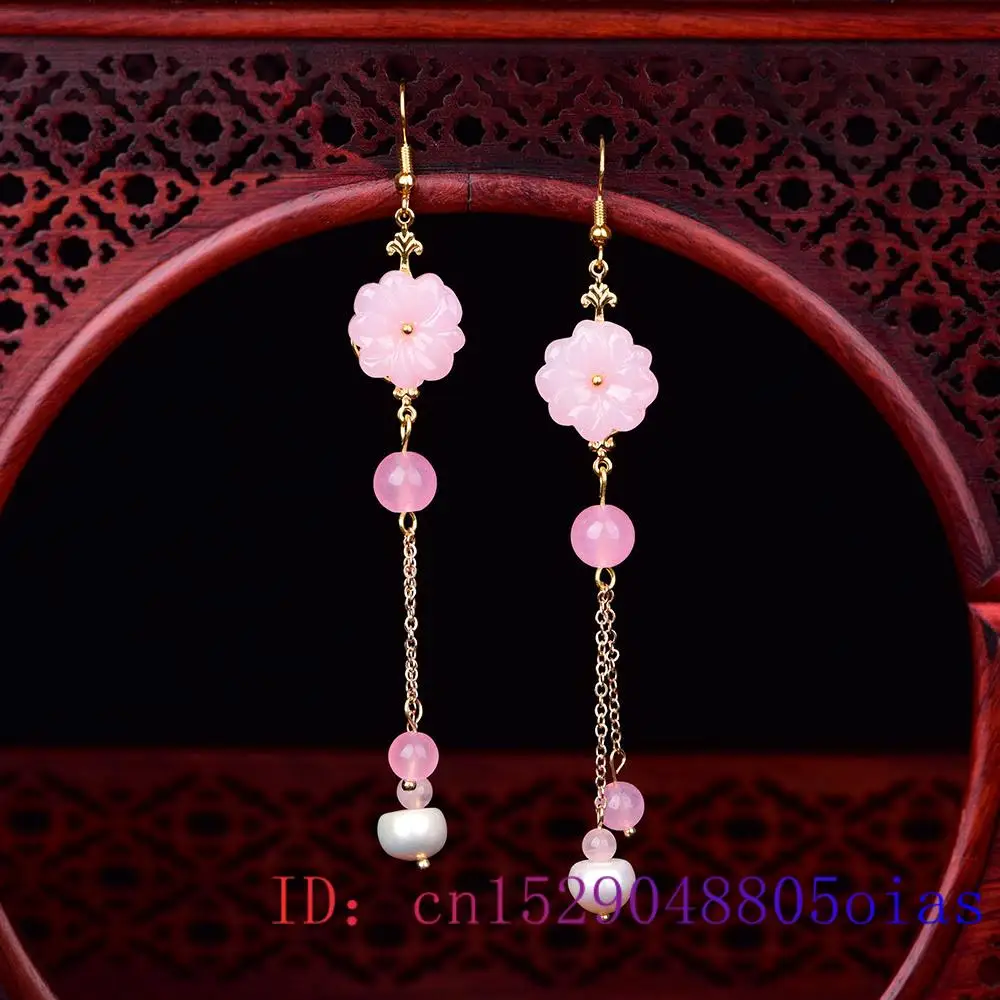 Women Fashion Jewellery - Pendientes de flor de Jade rosa,